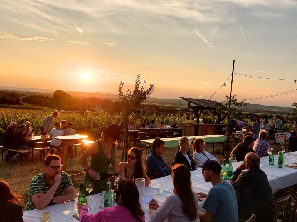 Vegane Brettljause im Weingarten mit Sonnenuntergang